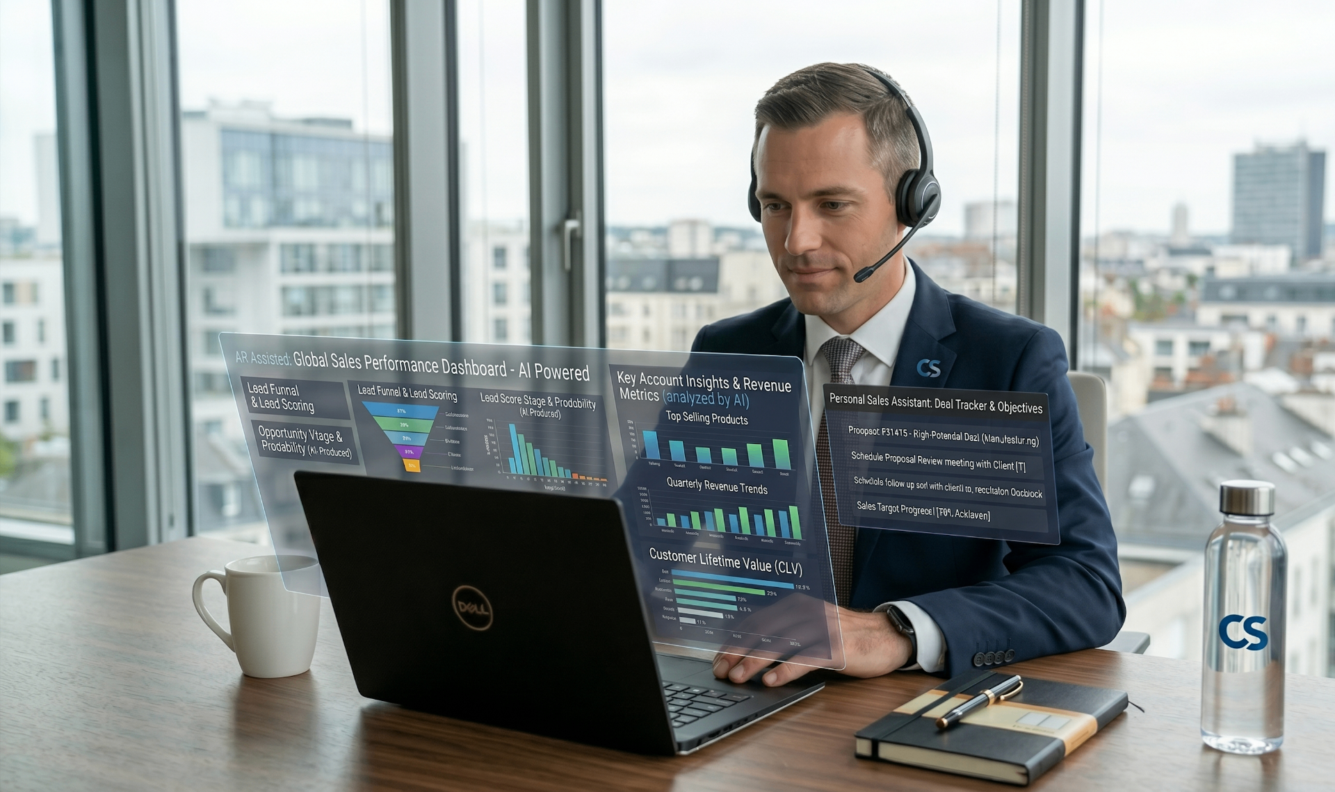 IA pour les ventes : commercial utilisant un CRM avec scoring de leads et tableau de bord