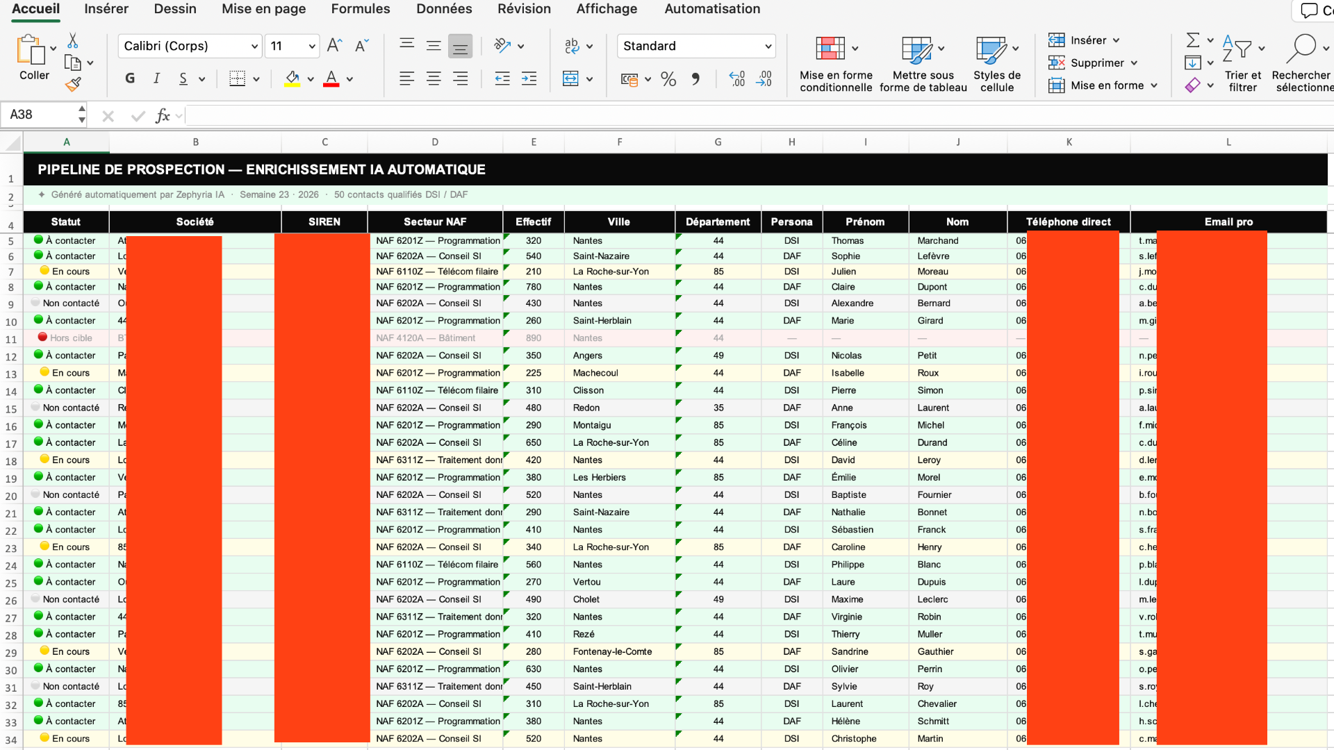 Fichier Excel SharePoint enrichi automatiquement avec 50 contacts DSI/DAF qualifiés par semaine grâce au pipeline IA Zephyria
