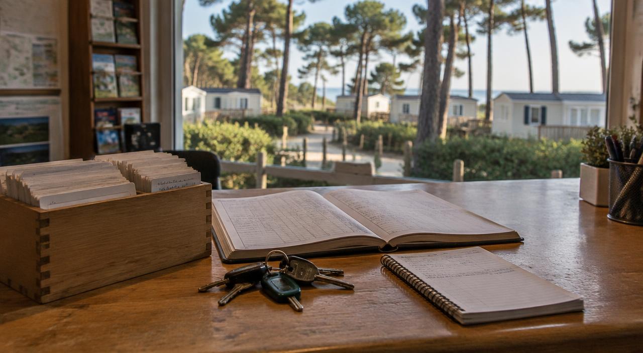 Comptoir d'accueil d'un camping avec un fichier cartonné, un registre ouvert, un trousseau de clés et un carnet, devant des pins maritimes et des mobil-homes