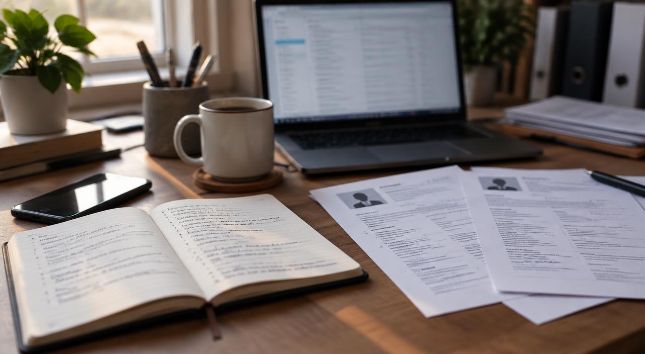 Bureau d'un consultant en recrutement avec un carnet de notes d'entretien manuscrites, un téléphone, un café et des CV imprimés