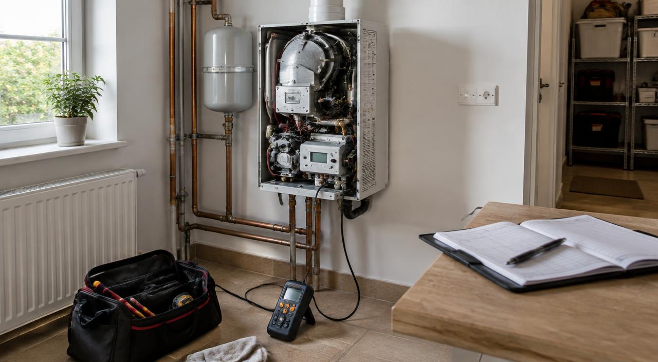 Chaudière murale gaz ouverte, avec une sacoche d'outils et un analyseur de combustion au sol, et un carnet d'attestations d'entretien posé sur une table